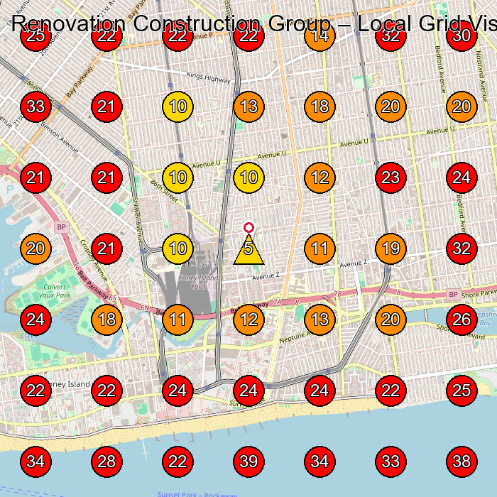 Renovation Construction Group GeoGrid visibility map for General Contractor in Brooklyn